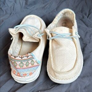 Hey Dude Cream Loafers with Aztec Design